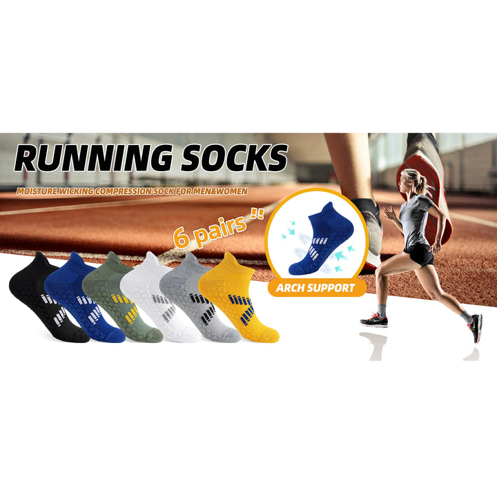 Premium Sweat Absorbing Compression Running & Hiking Socks – 6 Pairs, Thick Cotton Ankle Sports Socks for Men & Women, Low Cut, Breathable, Moisture-Wicking, Compression Support - StrengthXPhysiotherapy