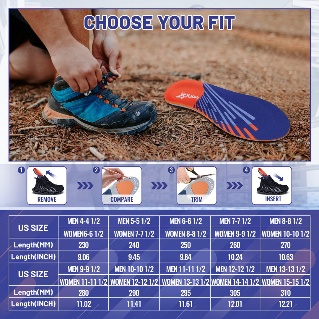 Premium High Arch Support Orthopedic Insoles for Plantar Fasciitis Relief, Cushioning Foot Inserts for Flat Feet, Deep Heel 