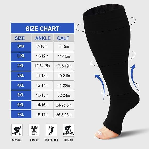 Premium Plus Size Compression Socks for Women & Men – 20-30mmHg Graduated Support – Open Toe, Toeless, Wide Calf – Medical