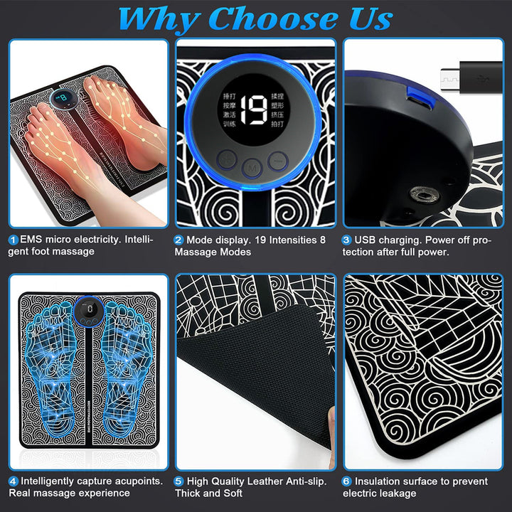 Premium Electric EMS Foot Massager - Rechargeable Pulse Muscle Stimulator with Remote Control, 8 Modes, 19 Intensity Levels