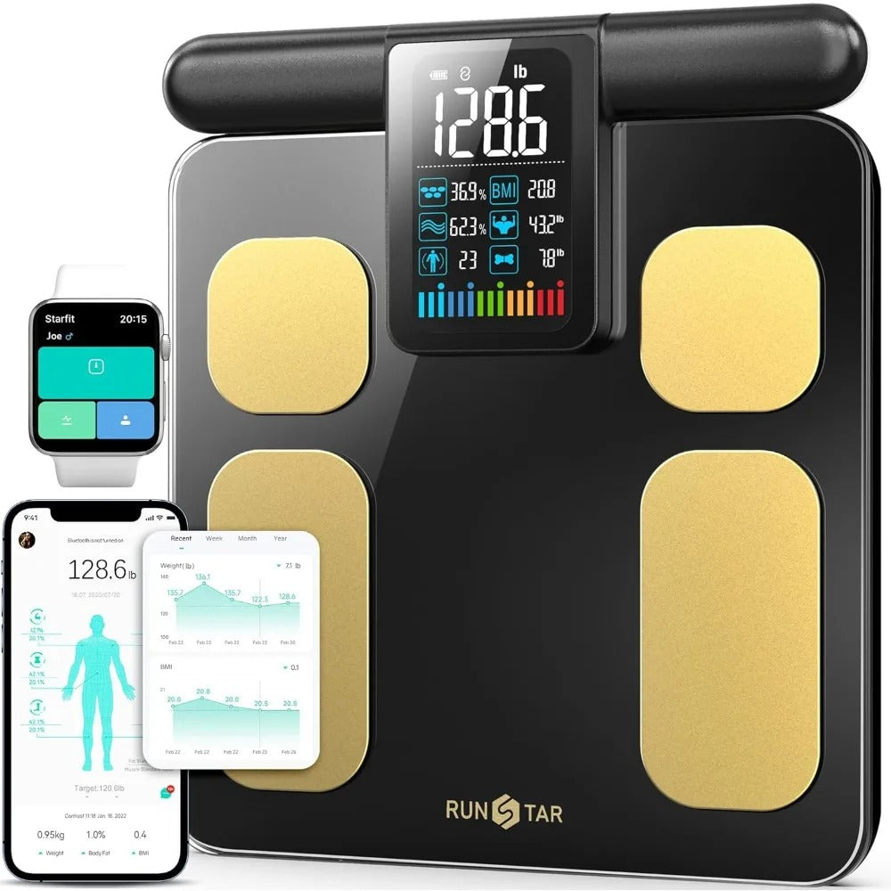 Digital body fat scale with smartphone app interface, displaying health metrics.