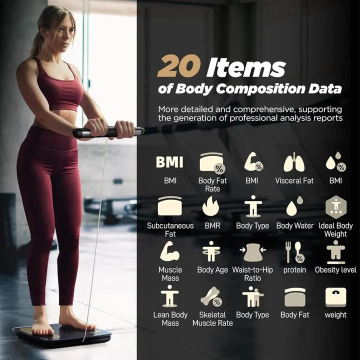 Woman using a body composition analyzer with icons and text on body metrics.