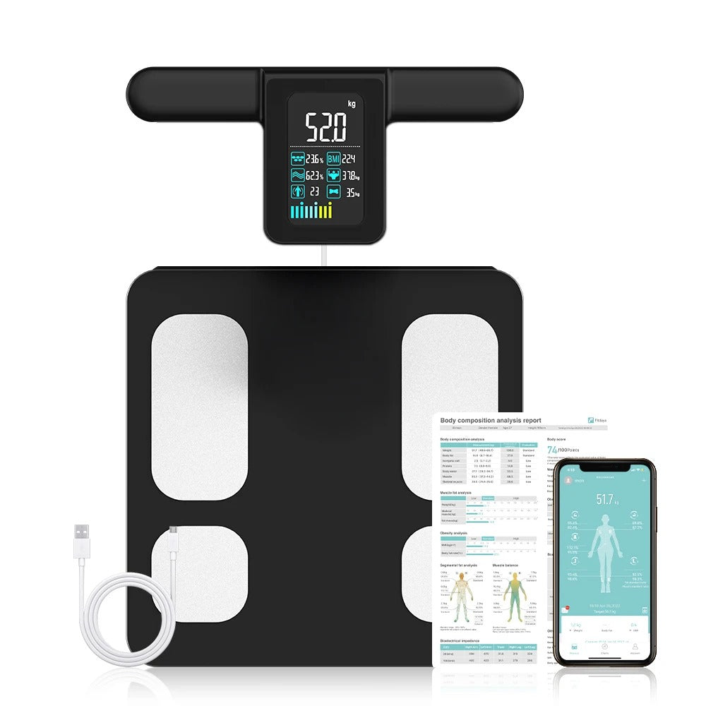 Body composition analyzer with digital display, electrodes, and smartphone app on a white background