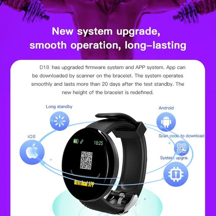 Premium D18 Smart Watch - Waterproof Fitness Tracker with Heart Rate, Blood Pressure, Oxygen Monitor, Call & Message Notifications, Compatible with Android & iOS - StrengthXPhysiotherapy