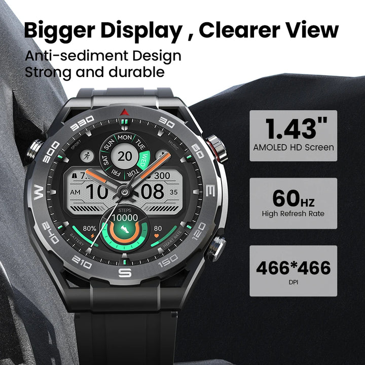 Premium Smartwatch with 1.43" AMOLED Display – GPS, 5ATM Water Resistance, 21-Day Battery Life, 100+ Sports Modes, Bluetooth 