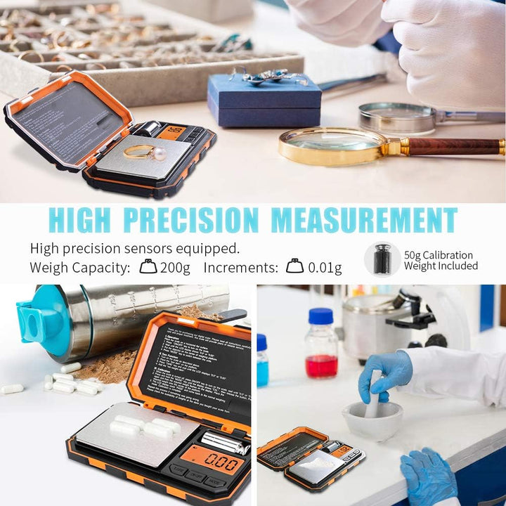 Premium Digital Pocket Scale – 200g Capacity, 0.01g Precision, Multi-Unit Conversion, Calibration Weight Included for Food, 