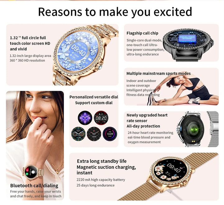 Premium Fashion Smartwatch for Women, 1.04" AMOLED Screen, Bluetooth Call, Metal Body, IP68 Waterproof, Heart Rate, Music Control, Sleep & Fitness Tracking, Multiple Sports Modes - StrengthXPhysiotherapy
