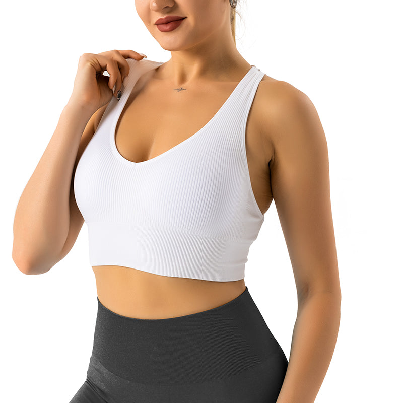 Premium Ribbed Seamless Sports Bra – Low-Medium Impact, Elastic, Breathable Fitness Top with Intricate Strap Design